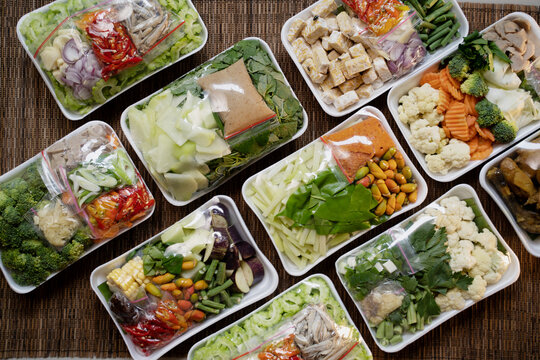 Top view of vegetables wrapped in polyethylene polymer foam packaging