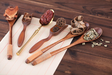 Various Chinese herbal medicines in different spoons on stationery