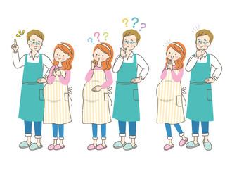 妊娠中の女性とエプロン姿の夫のセット