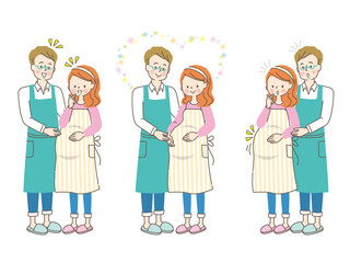 妊娠中の女性とエプロン姿の夫のセット