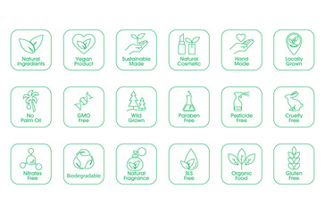 icon set of, vegan product, sustainably made, natural cosmetic, hand made, locally grown, no palm oil, nitrates free, biodegradable, Natural fragrance, SLS free, organic food, paraben-free, pesticide