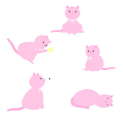 A set of cute pink cats in different poses. The cat looks, sleeps, plays, sits. Vector illustration isolated on white background..