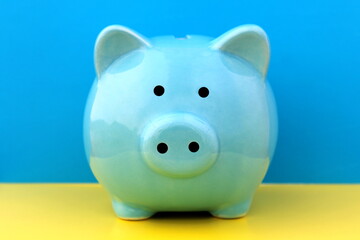 Piggy bank stands on blue and yellow.
