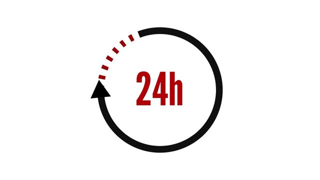 Service Open 24 Hours icon Animation. 24h Animated Clock Red Sign on white Background  
