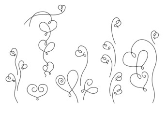 Vines with hearts in outline style isolated on white background. Floral border for wedding invitation card, Valentines day, greeting design, emdroidery  or other use. Vector illustration. Set.
