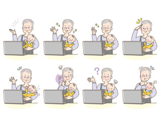 パソコンを見ながら赤ちゃんを抱っこするシニア男性の表情セット