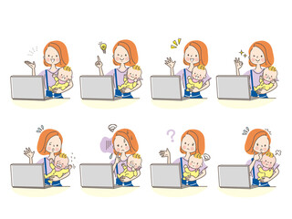 パソコンを見ながら赤ちゃんを抱っこするママの表情セット