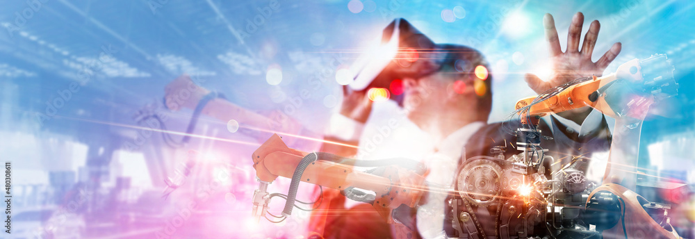 Poster Metaverse Technology. Manager engineer use VR virtual reality goggle analyzing and control automation robot arms machine on metaverse virtual world data real time, Industrial of futuristic.
