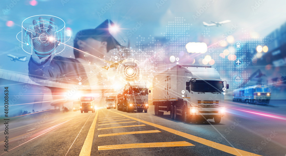 Poster Metaverse Technology. Manager engineer use VR virtual reality goggle analyzing and control logistic network distribution and smart transportation, Industry transport, Logistic of futuristic