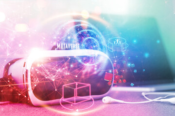 Fototapeta Metaverse technology concept, VR virtual reality goggle on colorful networks, Metaverse visualization, Simulation, 3D, AR, VR, Technology and innovation of futuristic on social media. obraz