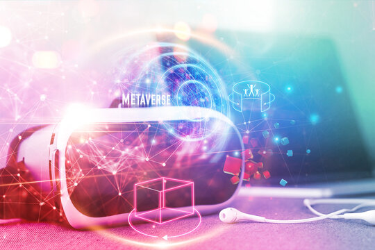 Metaverse technology concept, VR virtual reality goggle on colorful networks, Metaverse visualization, Simulation, 3D, AR, VR, Technology and innovation of futuristic on social media.