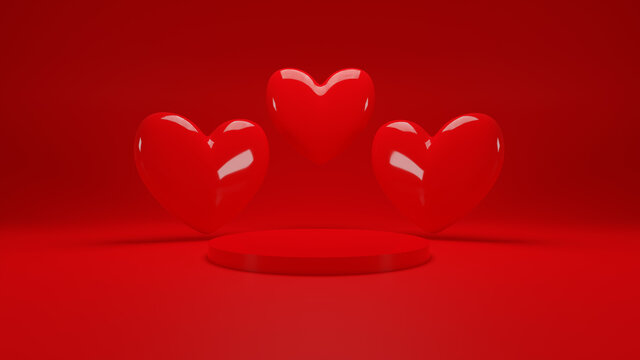 3d rendering triple valentine red glossy heart with red podium and red background