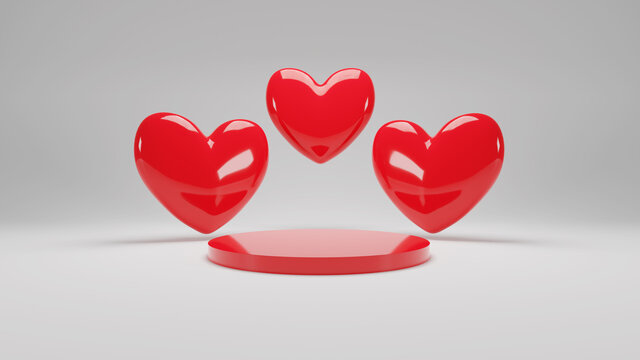 3d rendering triple valentine red glossy heart with glossy red podium and white background