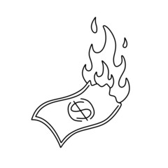 Burning dollar. Sketch money on fire. Failed business and economic crisis. Loss and inflation. Doodle Cartoon illustration