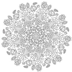 Mandala of flowers and leaves for rest, relaxation, coloring. Round monochrome floral pattern for coloring book.