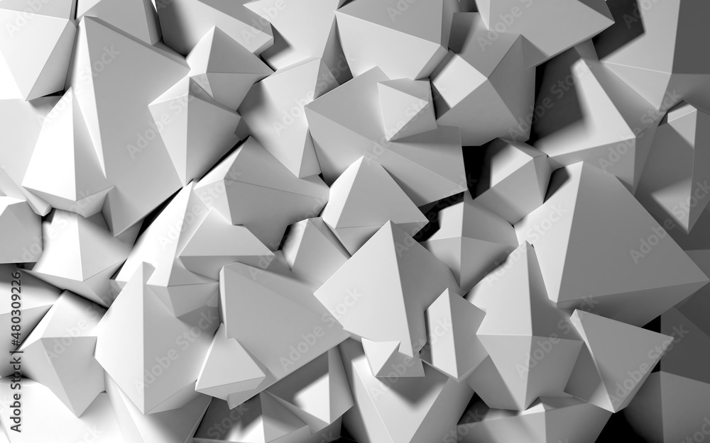 Poster Abstract background with white 3D shapes flying in the light as a messy array or chaotic structure for any pastel backdrop. 3D illustration