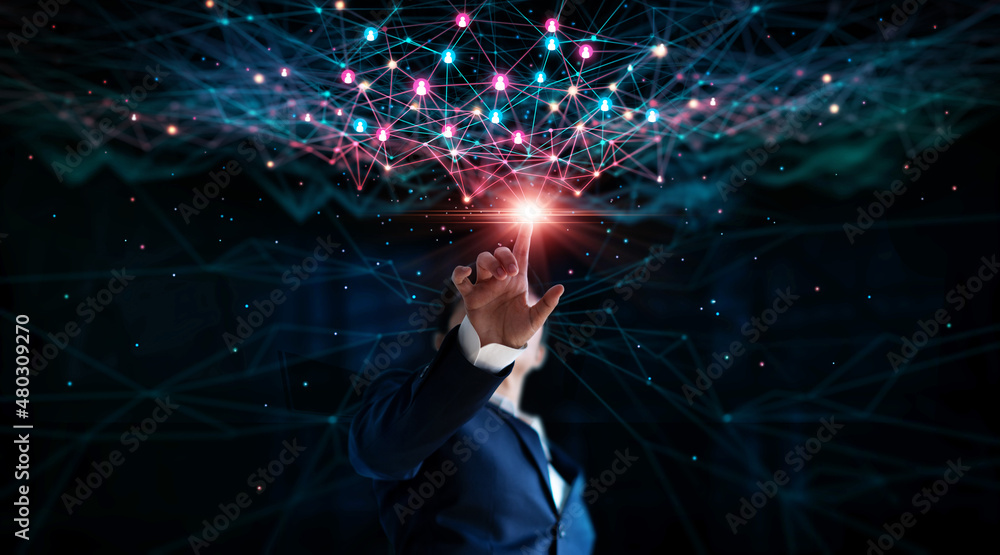 Poster Businessman touch and connected global structure networking and data exchanges customer connection, Technology communication and marketing on social network background.