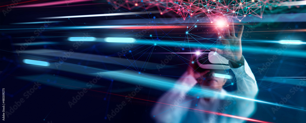 Aufkleber .Businessman use VR virtual reality goggle and metaverse technology on global networking connecting and generated environment between user and augmented reality and virtual reality on social network.