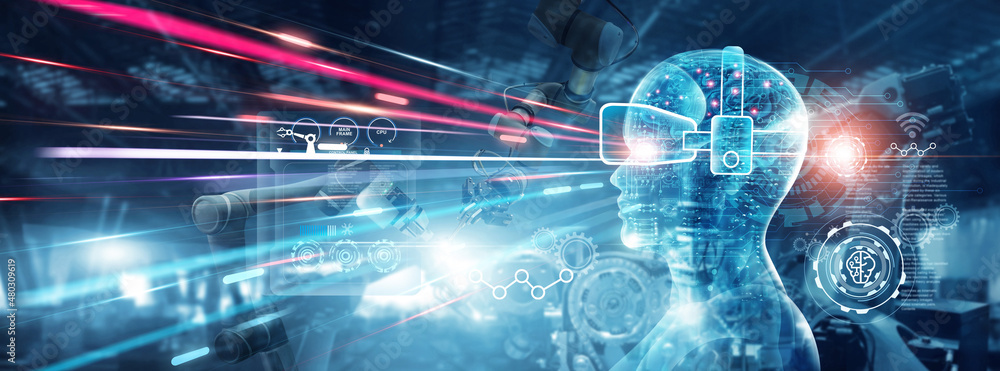Poster Metaverse of AI. Artificial intelligence data analysis technology and control automation robot arms machine with monitoring software. Digital manufacturing and industrial technology of futuristic
