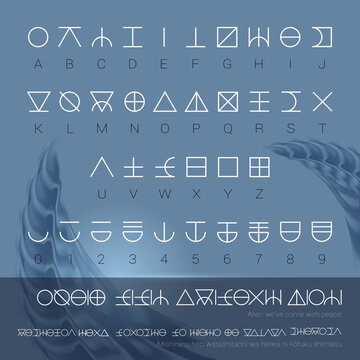 Set of Unreadable Alien Alphabet with Letters and Numbers. Template for Computer Game Hieroglyphic