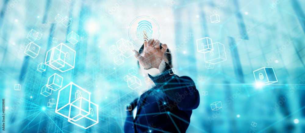 Aufkleber Businessman using fingerprint identification to access personal blockchain data. Idea for E-kyc (electronic know your customer), biometrics security, Cryptocurrency, Blockchain technology, Cyber net.