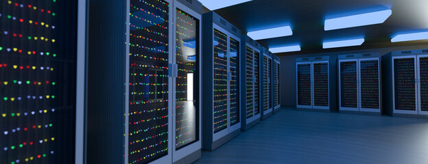 Fototapeta premium Servers. Servers room data center. Backup, mining, hosting, mainframe, farm and computer rack with storage information. 3d rendering