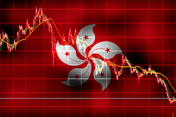 Hong Kong flag on stock chart background. Double exposure creative hologram. Banner and stock trend chart concept