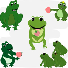 Cartoon green frog showing love, bouquet and heart. Amphibian vector illustration.
