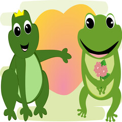 Cartoon green frog showing love, bouquet and heart. Amphibian vector illustration.