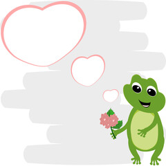 Cartoon green frog showing love, bouquet and heart. Amphibian vector illustration.