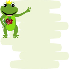 Cartoon green frog showing love, bouquet and heart. Amphibian vector illustration.
