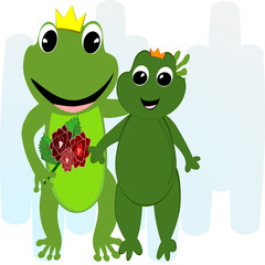 Cartoon green frog showing love, bouquet and heart. Amphibian vector illustration.