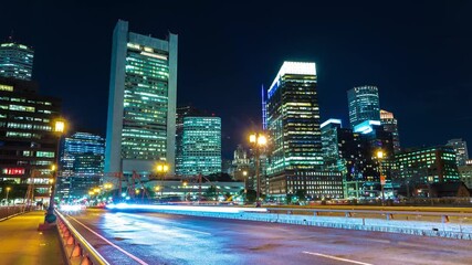 Uhd 4k Timelapse of Traffic light trails in Boston cityscape at night, USA