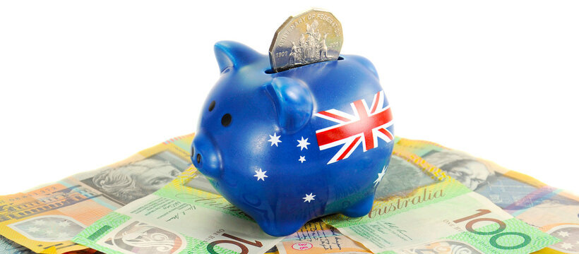 Australian Money with Piggy Bank for saving, spending or end of financial year sale. Sized to fit popular social media and web banner placeholder.