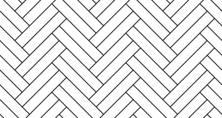 White double herringbone parquet floor seamless pattern with diagonal panels. Vector wooden or brick wall texture. Modern interior background. Outline monochrome wallpaper. - obrazy, fototapety, plakaty