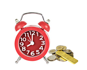 Red alarm clock in the morning at 8am. and money,gold isolated on white background. Concept working time and saving money.