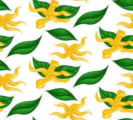 Obraz premium Seamless pattern with tropical flowers ylang ylang and foliage on white background. Vector texture with floral ornament in cartoon style. Natural wallpaper