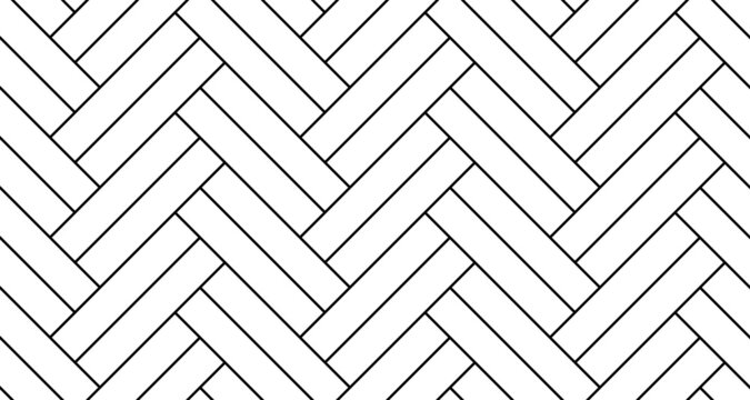 White double herringbone parquet floor seamless pattern with diagonal panels. Vector wooden or brick wall texture. Modern interior background. Outline monochrome wallpaper.