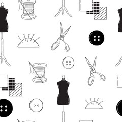 Seamless pattern: tailors, sewing. Accessories for sewing - scissors, mannequin, thread, needle holder, fabric. The theme of clothing production, hobbies. Endless background.