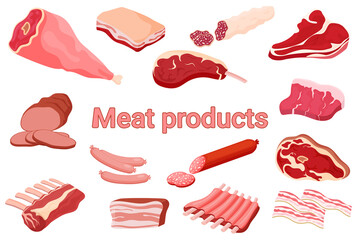 Meat products poster.A set of illustrations for a butcher shop.Beef steak, pork ham,bacon,carbonate,tenderloin, sausage, sausages, pork and beef ribs.Collection of elements for design.