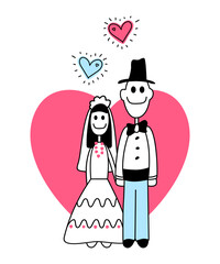 Bride and groom. Funny vector illustration drawn on the background of a pink heart on a white background.