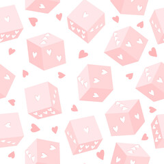 Dice game in Valentine's Day stylization. Vector seamless pattern. Dice with hearts on a white background.