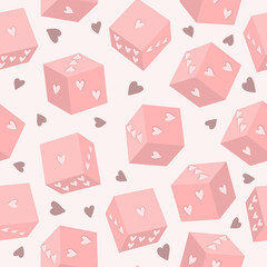 Seamless pattern playing dice in Valentine's Day stylization. Vector cute illustration. Dice with hearts.