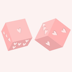 Playing dice in Valentine's Day stylization. Vector cute illustration. Dice with hearts.