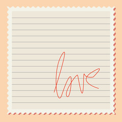 Cute illustration of a postage stamp. Vector postage stamp depicting a piece of paper with a declaration of love.