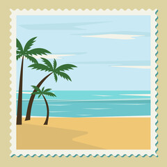 Fototapeta na wymiar Cute illustration of a postage stamp. Vector postage stamp depicting a landscape, relaxing by the ocean.