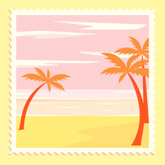 Fototapeta na wymiar Cute illustration of a postage stamp. Vector postage stamp depicting a landscape, the setting sun on vacation by the sea.