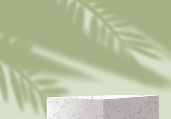 White cubic stone Exhibition podium. Display stand for cosmetic products. Green 3D background. Tropical leaf shadow. 3D rendering. Showcase in the style of minimalism. Tropical series