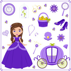 Set with a cute princess and accessories, children's illustration, illustration for girls. Vector.