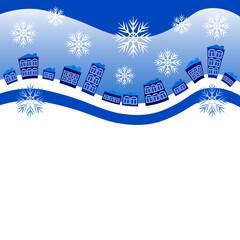 Fototapeta na wymiar An illustration on a square background, a website cap, a postcard or a book - a winter village or houses in the snow